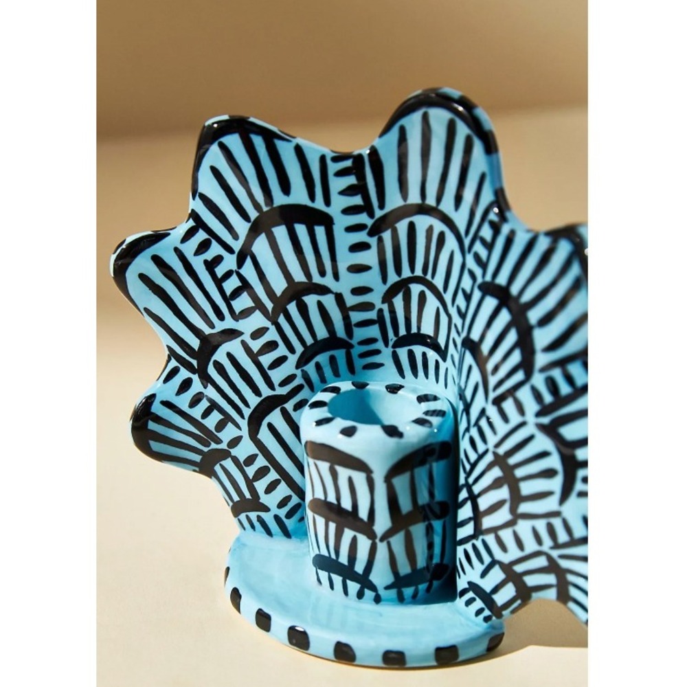 Anthropologie Lucie de Moyencourt Blue Shell Ceramic Taper Candle Stick Holder